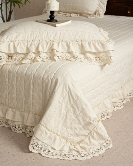 Покрывало Cotton Flax с кружевом и оборками хлопок и лен (230х250) (2х50х70), PCF3-01 Льняной