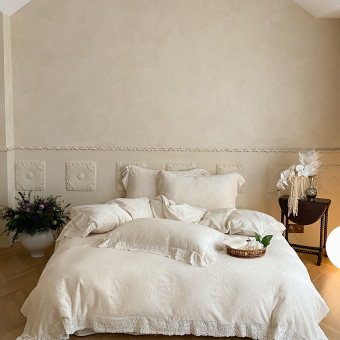 Постельное белье хлопок-лен жаккард с кружевом Евро (нав. 50х70-2) KHLZ-100 Цветочный минимализм