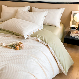 Постельное белье Cotton Stripe 1,5-сп (нав. 50*70*1), KSS15-31 Молочный-Светло-зеленый